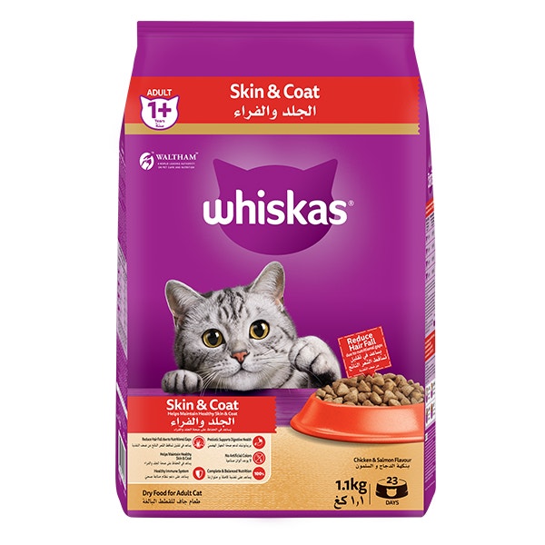 whiskas dry 1 plus years skin and coat chicken and salmon flavour